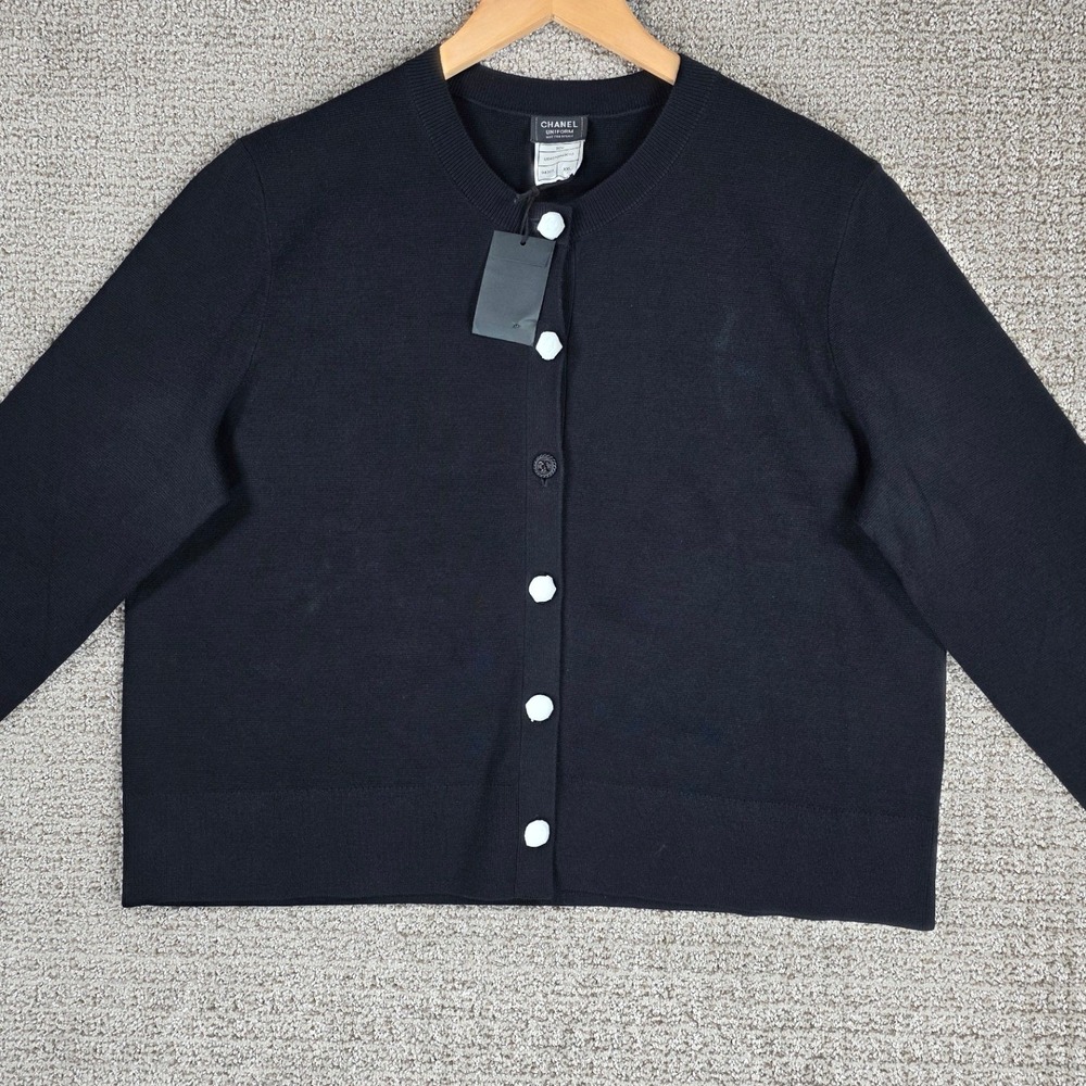 Chanel Uniform Black Wool Cotton Knit Cardigan Sweater Women's Size XXL NEW READ - Picture 5 of 12
